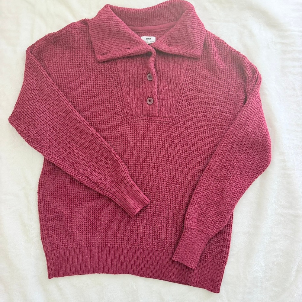 Aerie Polo Waffle Knit Sweater Womens XS Berry Pink Excellent Casual Preppy